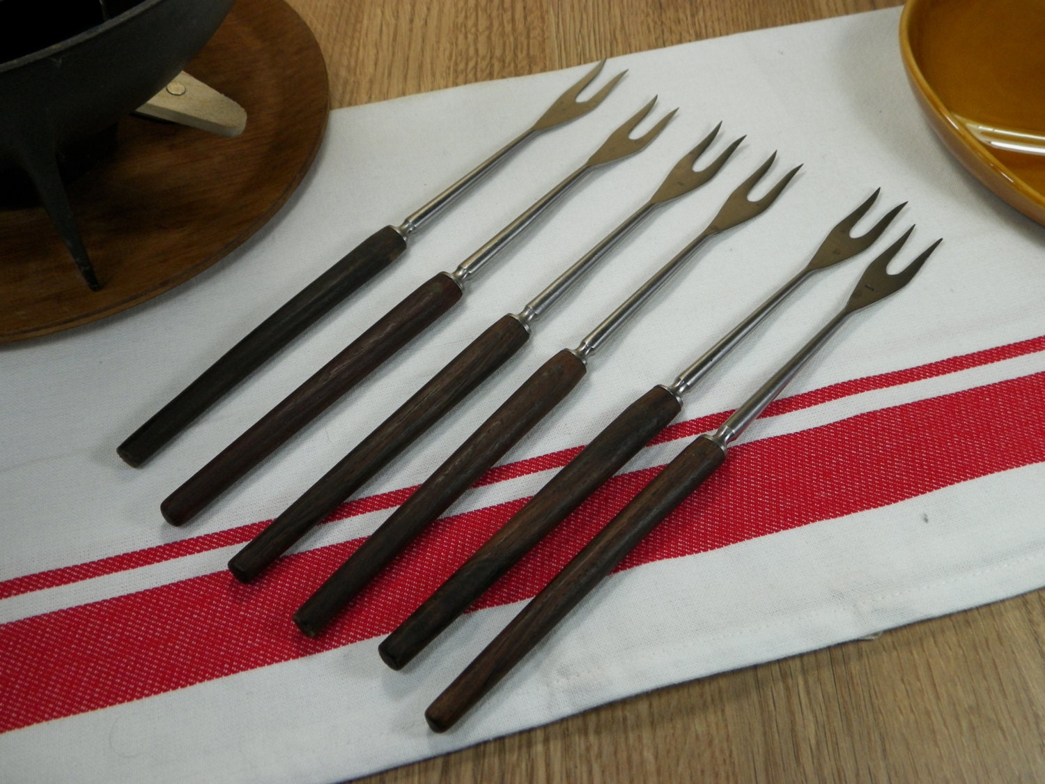 Set de 6 Fourchettes à Fondue en Inox avec Manche Bois | Ustensile Cuisine France Vintage 1970