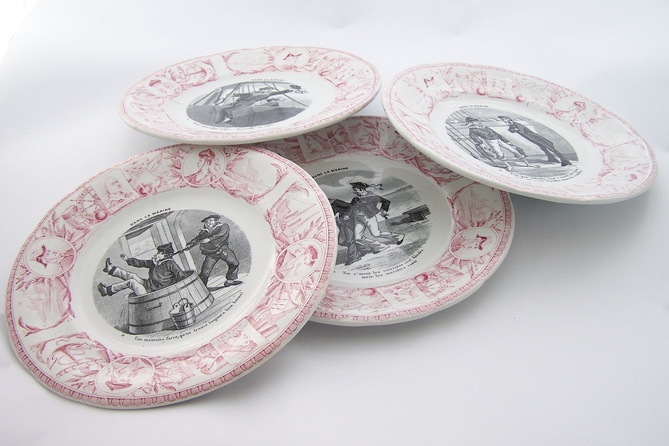 4 Assiettes à Dessert Assiettes Parlantes Série Dans La Marine Keller et Guérin Faïence de Lunéville