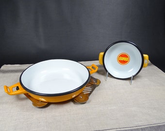 LEOPOLD | 2 orange enamel dishes with handles and white interior with black edging | Vintage French kitchen 1950