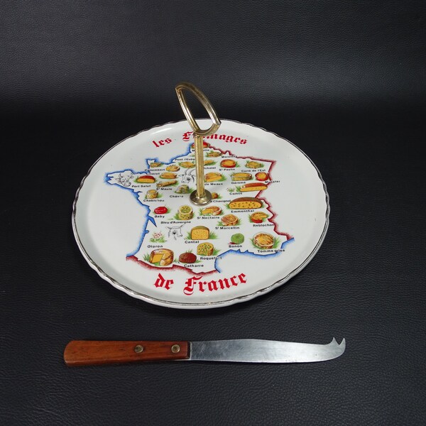 MOULIN DES LOUPS | Plateau de fromages en porcelaine décor " Les Fromages de France" avec couteau à fromage  | Made in France  1980