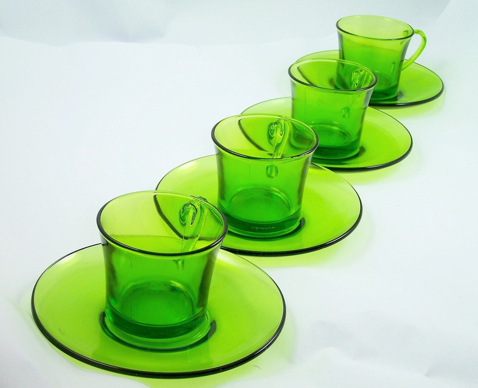 4 coffee cups with saucers Duralex green glass Made in Etsy