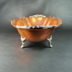 Old copper oval fruit basket with chiseled metal feet and handles French tableware 1900s image 6