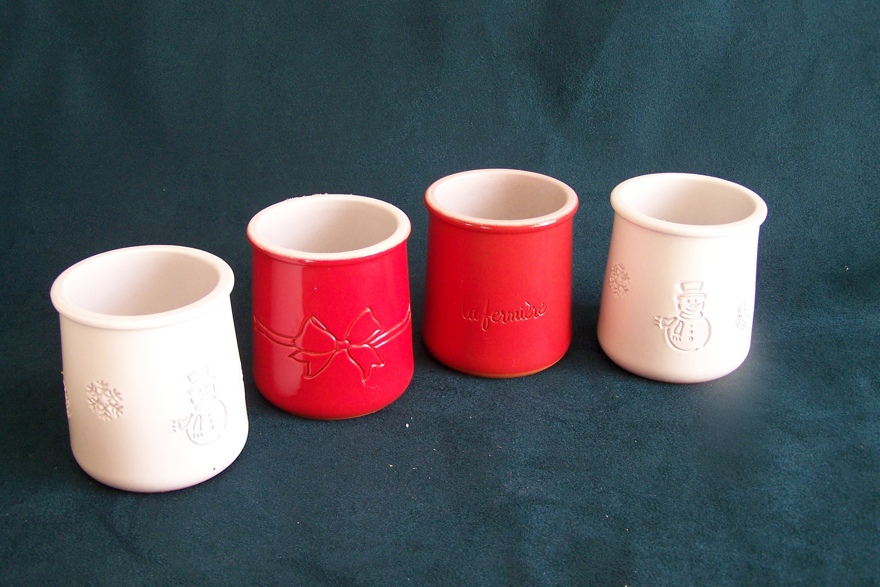 4 Pots de Yaourt La Fermière 2 Rouges Blancs Terre Cuite Émaillée Nœud Intérieur Blanc Flocon Bonhom