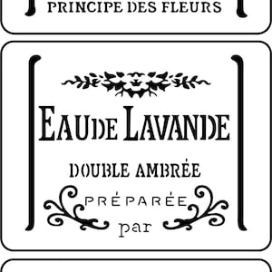 May include: Black and white vintage-style labels with ornate borders and text. The labels read "PARFUMERIE AU PRINCIPE DES FLEURS", "EAU DE LAVANDE DOUBLE AMBRÉE", and "JN GIRAUD FILS GRASSE-PARIS".