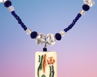 Vintage Mahjong Tile Necklace & Earrings: Beaded Flower Tile Jewelry