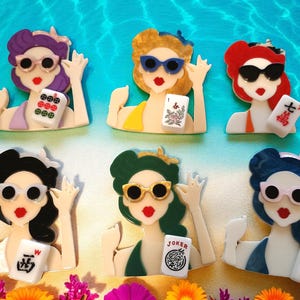 Mahjongg Lady Pin: Acrylic Tile & Colorful Hair