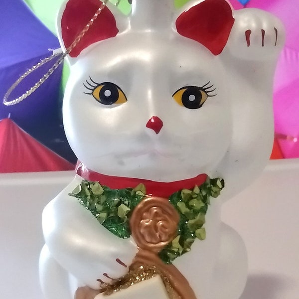 Lucky Cat Ornament to Bring You Extra Good Luck in Your Mahjongg Games / Decoration for a Christmas Tree, Table Top or Mantel