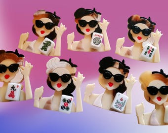 Mahjongg Lady Brooch with Multi-Colorful Hair