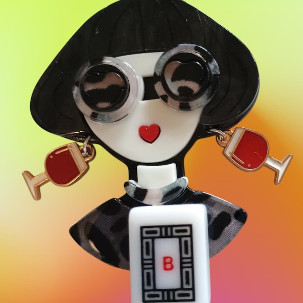 Broche de dama de mahjongg con pendientes de copa de vino O pendientes de abanico