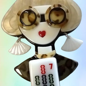 Mahjongg Lady Brooch - Acrylic with Red or White Swinging Earrings and Tile of your Choice