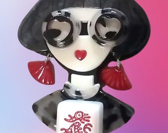 Black Haired Mahjongg Lady Brooch with Your Choice of Earrings & Tile