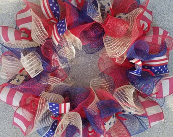 4th July Wreath, Patriotic Wreath, USA Wreath, Rustic Wreath, Memorial Day Wreath, Deco Mesh Wreath, Ribbon Wreath, Flag Wreath, Jute Mesh
