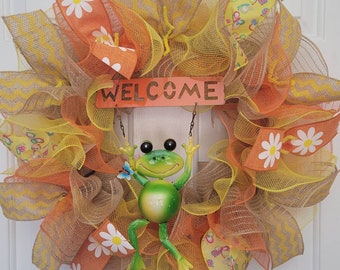 SALE, Spring Wreath, Summer Wreath, Seasons Wreath, Flower Wreath, Spring Mesh Wreath, Daisy Wreath, Frog Wreath, Welcome Wreath