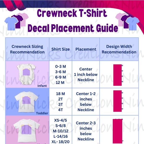 T-shirt Printable Decal Sizing and Placement Guide, PNG, & PDF