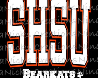 May include: White text on a black background reads "SHSU Bearkats" with a paw print. The letters are outlined in orange.