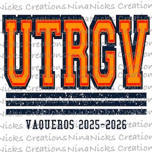 Op de afbeelding: Een grafisch ontwerp met de tekst "UTRGV" in oranje blokletters met een marineblauwe omlijning. Daaronder staat het woord "VAQUEROS", samen met de jaren "2025-2026". Het ontwerp heeft een vintage uitstraling.