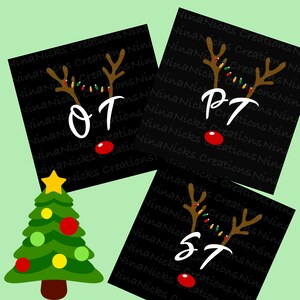 May include: Three black square gift tags with a reindeer design. Each tag features a red nose, brown antlers, and a string of colorful lights. The tags are labeled "OT", "PT", and "ST".