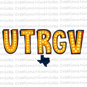 Op de afbeelding: Een gele en blauwe afbeelding met de tekst "UTRGV" in een retro-marquee-stijl met gloeilampen. De afbeelding bevat ook een blauwe omtrek van de staat Texas met een zwarte ster in het midden.