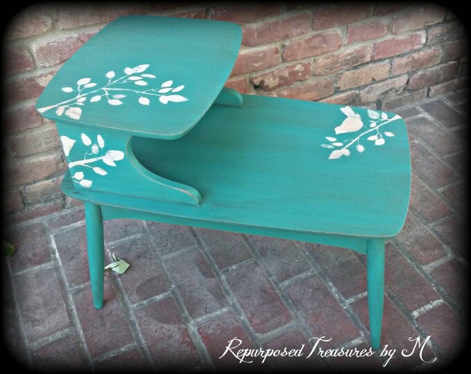Shabby Chic End Table, Distressed Turquoise Side Table, Stenciled