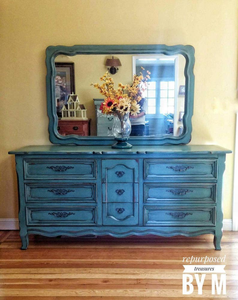 Drexel Dresser With Mirror French Provincial Teal Buffet Vintage