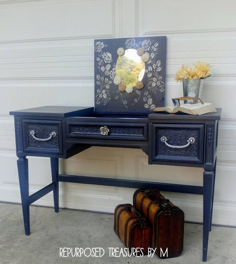Vintage Desk Navy Blue Shabby Chic Rustic Vanity Girls Room