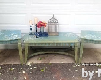 shabby chic coffee table and end tables, beachy coffee table and end tables, distressed coffee table, coffee table, hand painted tables