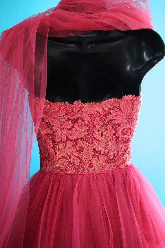 50's Prom Dress   50's Raspberry Tulle And Lace P… - image 8