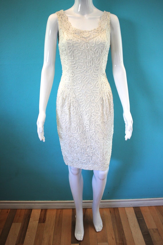 90's Off White Sheath Dress With Ribbon Soutache … - image 2