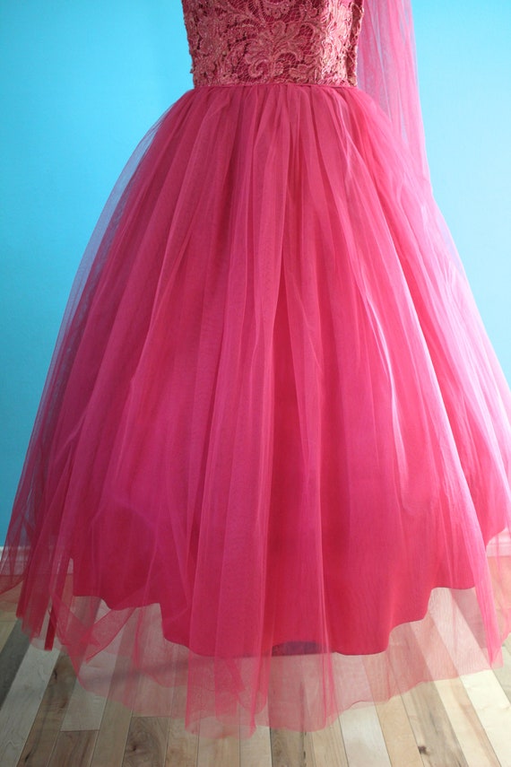 50's Prom Dress   50's Raspberry Tulle And Lace P… - image 6