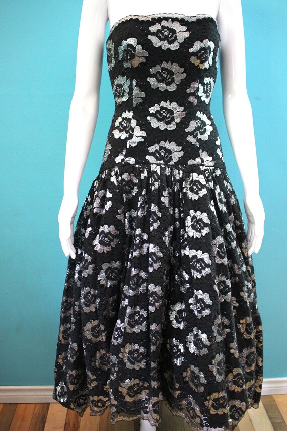 80's Prom Dress 1980's Black And Silver Floral La… - image 3