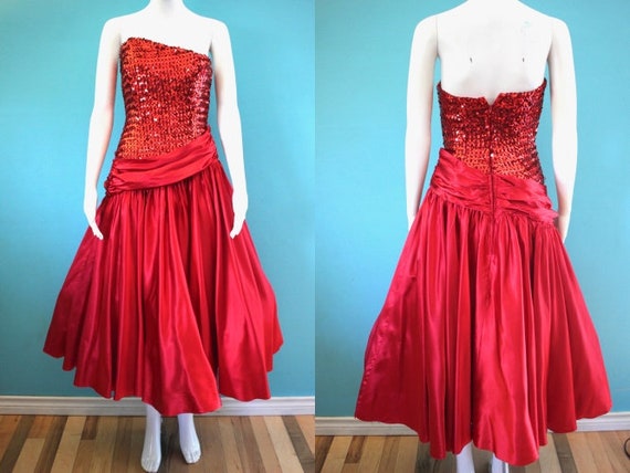 80's Prom Dress 1980's Cherry Red Strapless Sequi… - image 1