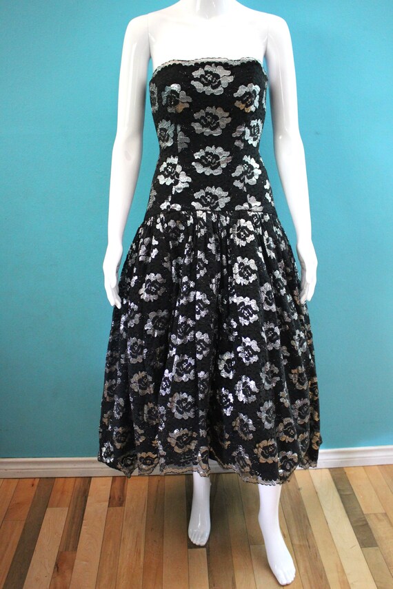 80's Prom Dress 1980's Black And Silver Floral La… - image 2