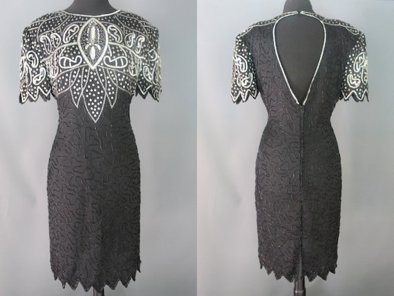 80's Party Dress    Black Silk Beaded And Sequine… - image 1