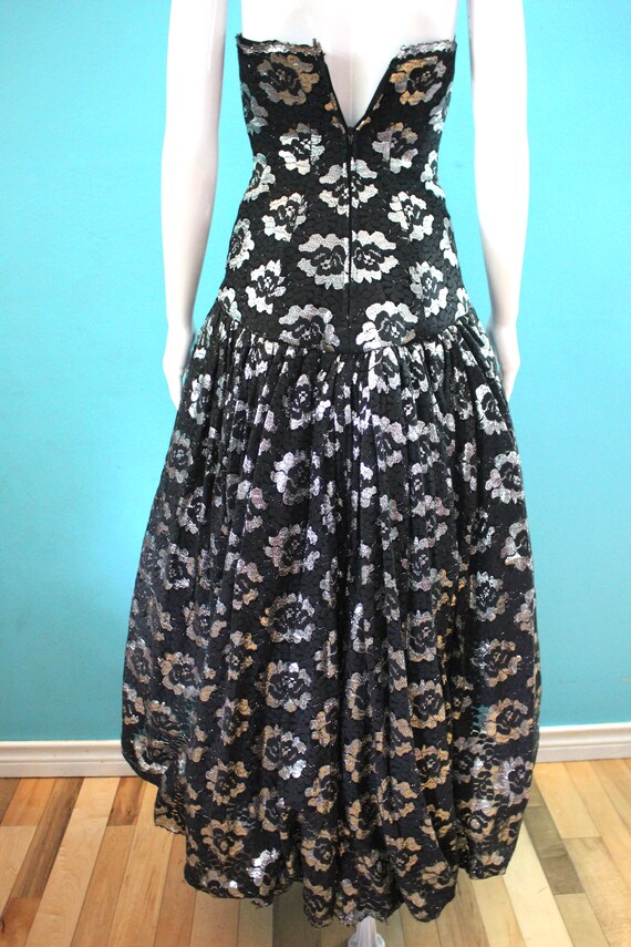 80's Prom Dress 1980's Black And Silver Floral La… - image 6