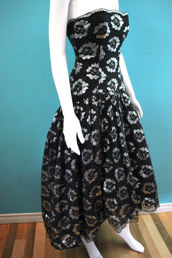 80's Prom Dress 1980's Black And Silver Floral La… - image 4