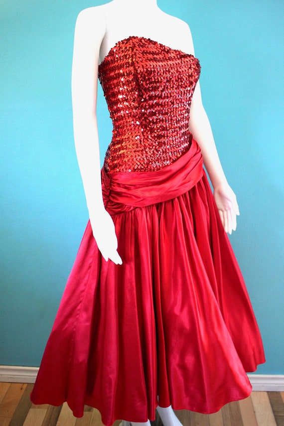 80's Prom Dress 1980's Cherry Red Strapless Sequi… - image 4