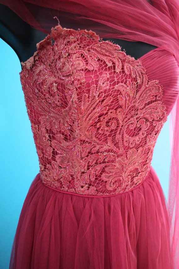 50's Prom Dress   50's Raspberry Tulle And Lace P… - image 4