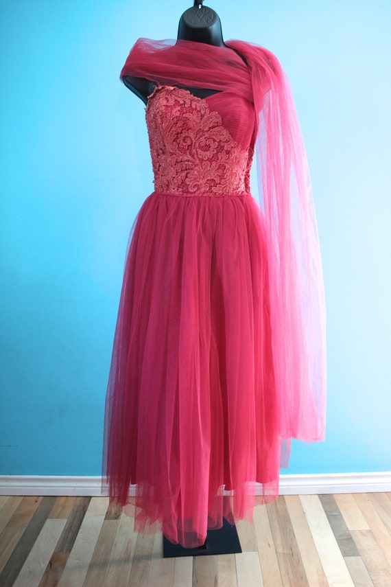 50's Prom Dress   50's Raspberry Tulle And Lace P… - image 9