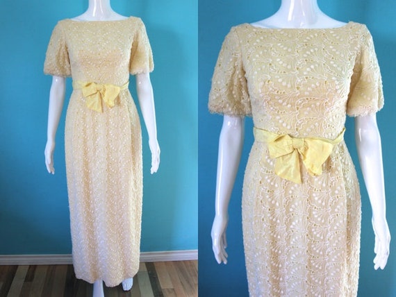 60's Prom Dress 60's Yellow Embroidered Eyelet P