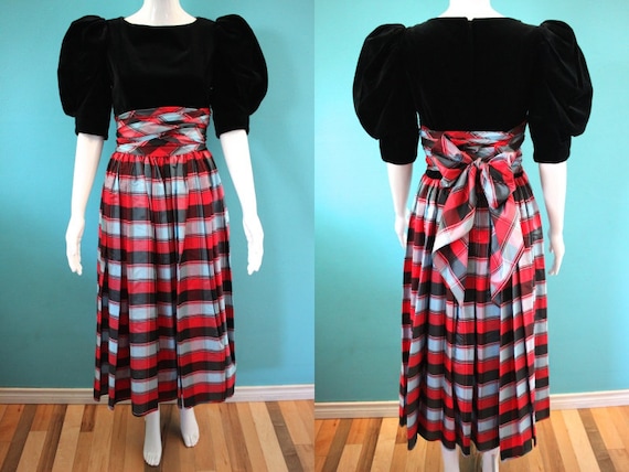 80's Prom Dress 80's Black Velour And Plaid Taffe… - image 1