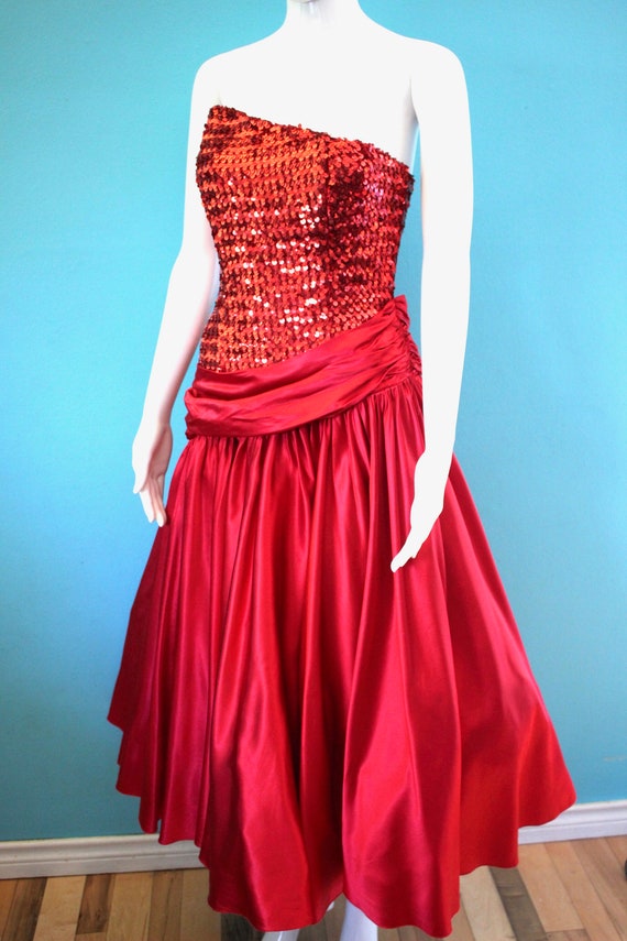 80's Prom Dress 1980's Cherry Red Strapless Sequi… - image 5