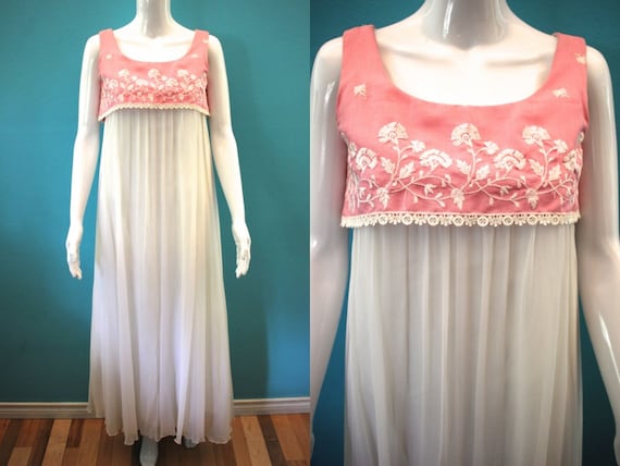 60's Prom Dress Mid-60's Pink And White Embroidere