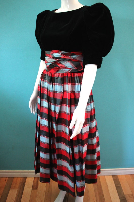 80's Prom Dress 80's Black Velour And Plaid Taffe… - image 5