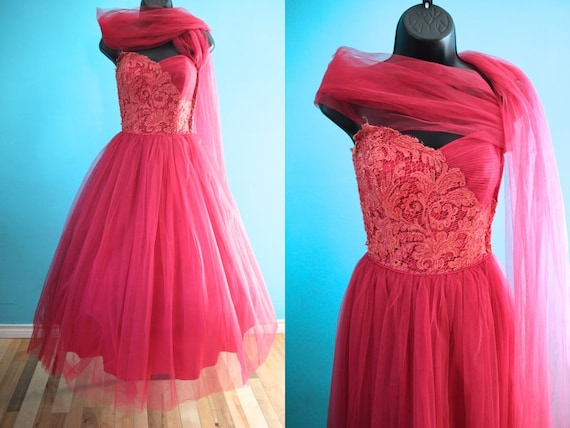 50's Prom Dress   50's Raspberry Tulle And Lace P… - image 1