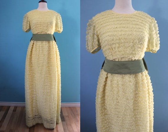 60's Prom Dress      Yellow Ruffled Lace Formal G… - image 1