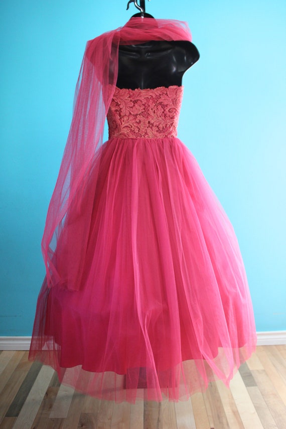 50's Prom Dress   50's Raspberry Tulle And Lace P… - image 7