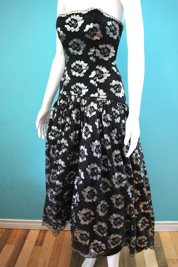 80's Prom Dress 1980's Black And Silver Floral La… - image 5