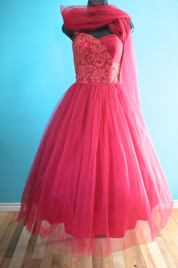 50's Prom Dress   50's Raspberry Tulle And Lace P… - image 2