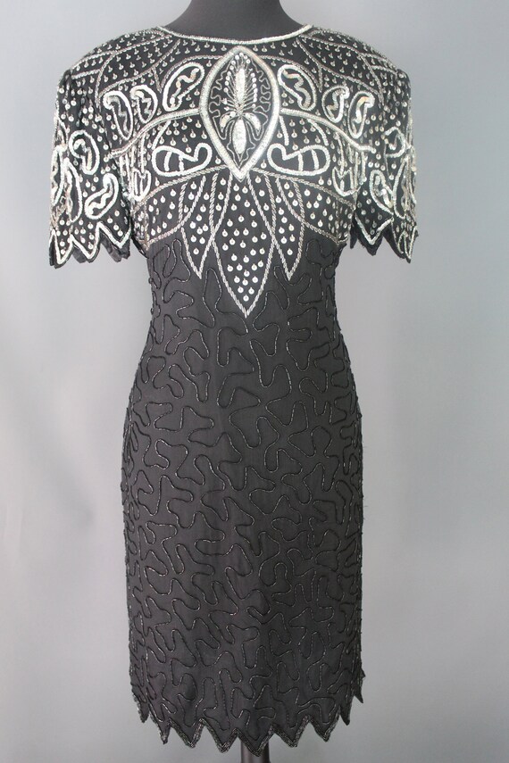 80's Party Dress    Black Silk Beaded And Sequine… - image 3