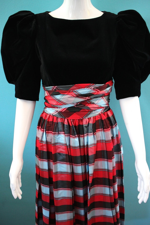 80's Prom Dress 80's Black Velour And Plaid Taffe… - image 3